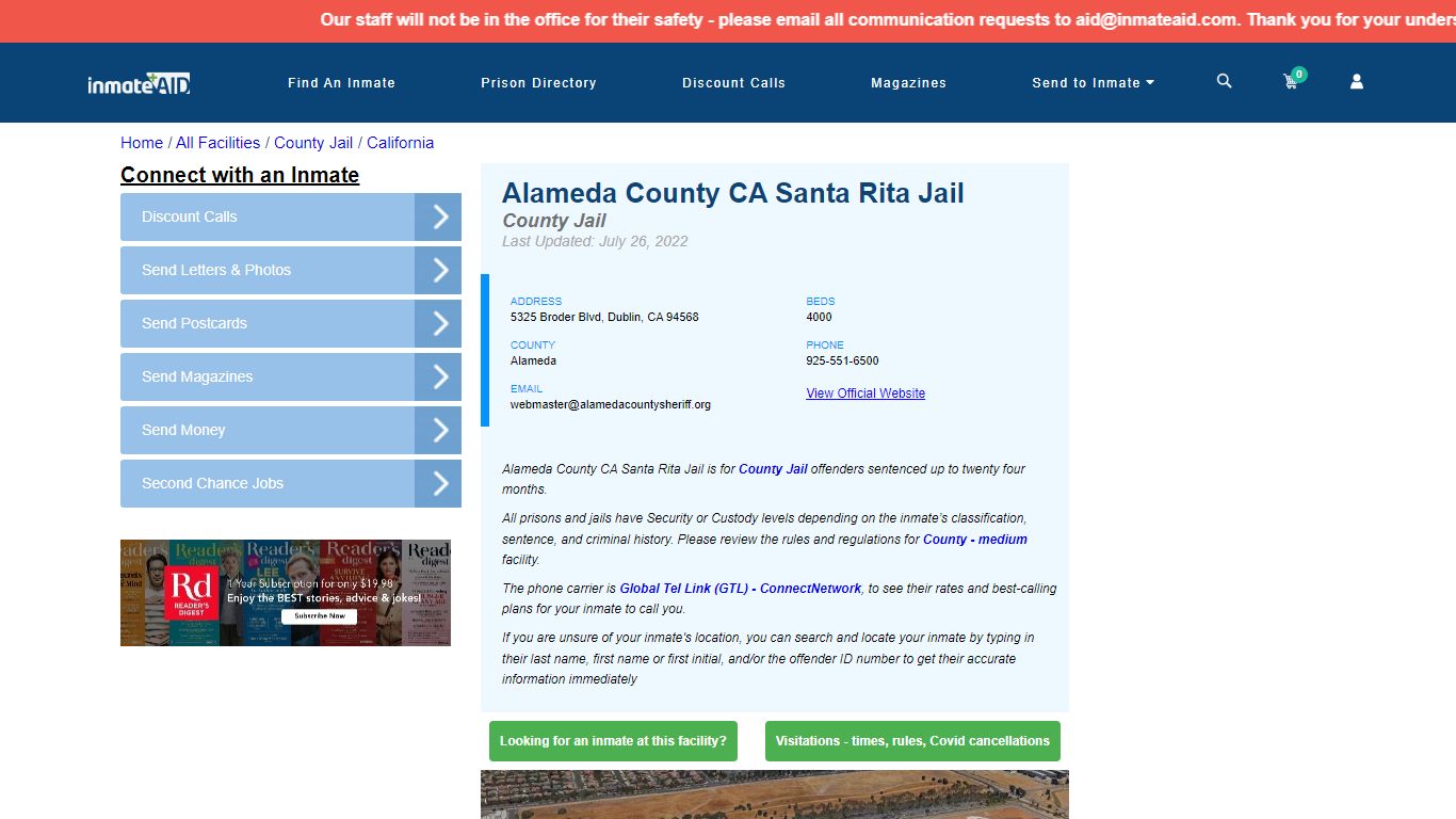 Alameda County CA Santa Rita Jail - Inmate Locator - Dublin, CA