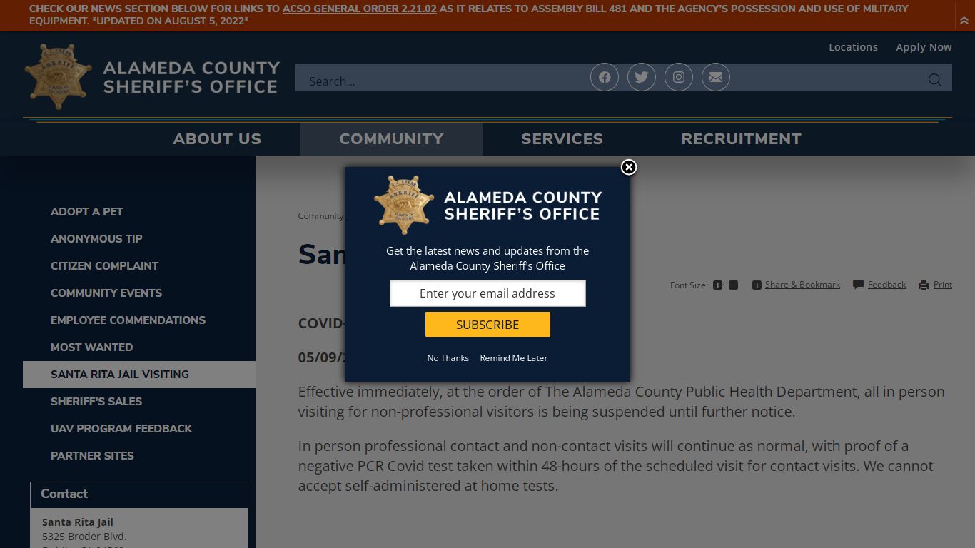 Santa Rita Jail Visiting | Alameda County Sheriff's Office, CA